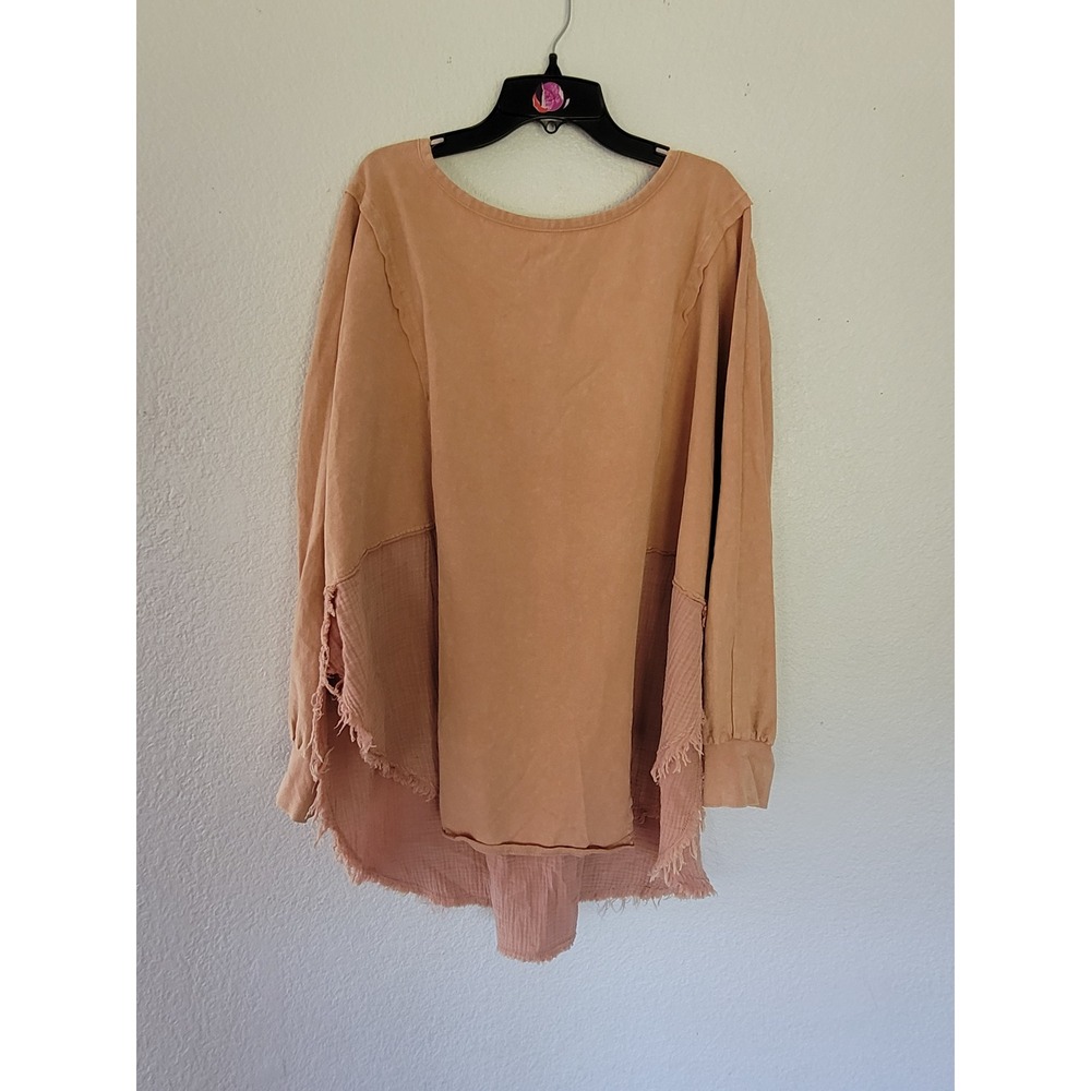 Three Bird‎ Nest Mixed Media Gauze Frayed Hem Tunic Top Terracotta L Shirt #16